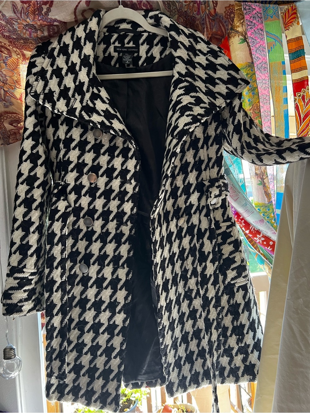 New York & Company Black and White Houndstooth Pea Coat